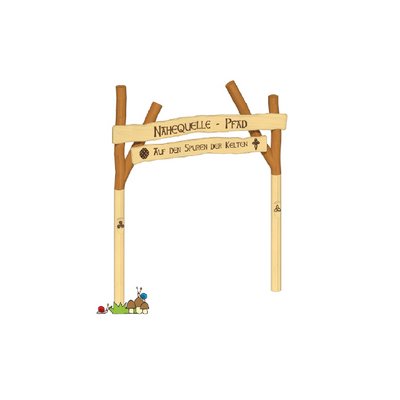 Eingangsportal mit links und rechts zwei Holzpfosten, die zwei Schilder tragen. Auf dem oberen steht "Nahequelle-Pfad" und auf dem unteren "Auf den Spuren der Kelten"