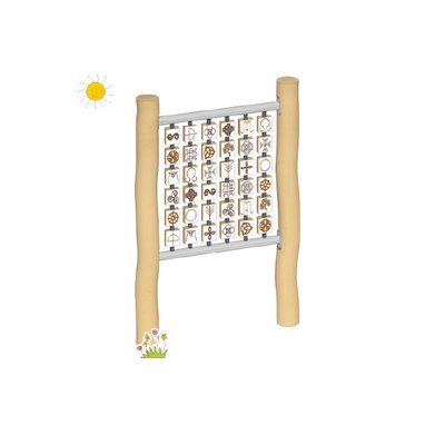 Links und rechts sind zwei Holzpfosten. Dazwischen sind quadratförmig mehrere Drehwürfel zu sehen, sodass Memory gespielt werden kann.