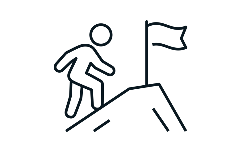 Gezeichneter Mensch, der auf einen Berg steigt auf dessen Spitze eine Fahne ist.