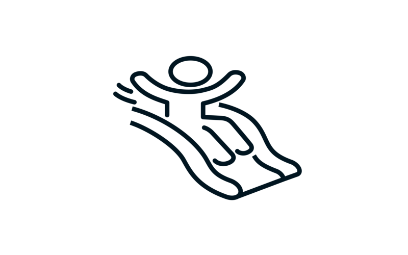 Ein gezeichneter Mensch rutscht eine Rutsche hinunter.