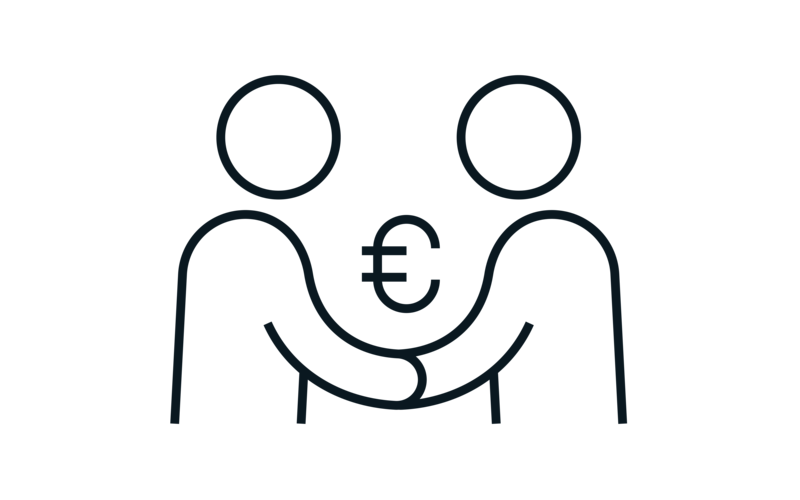 Zwei gezeichnete Menschen schauen sich an und halten sich an den Händen. Über den Händen ist ein Eurozeichen zu sehen.